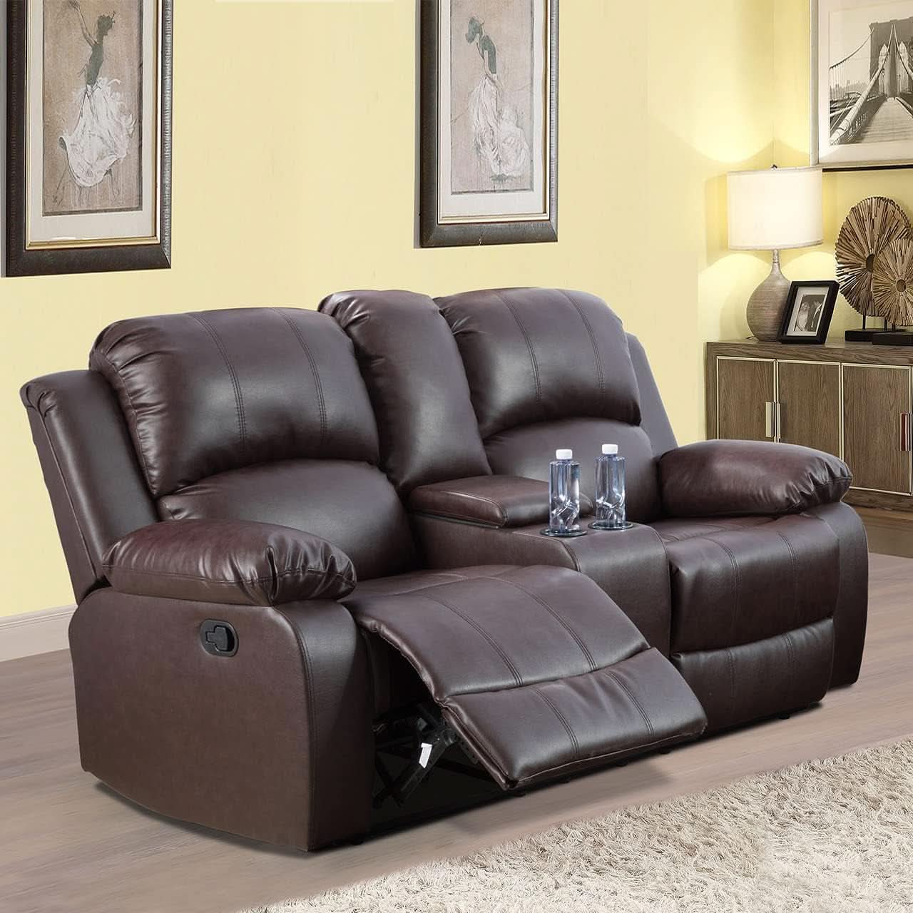 Manual Leather Recliner Sofa Set Brown For Living Room