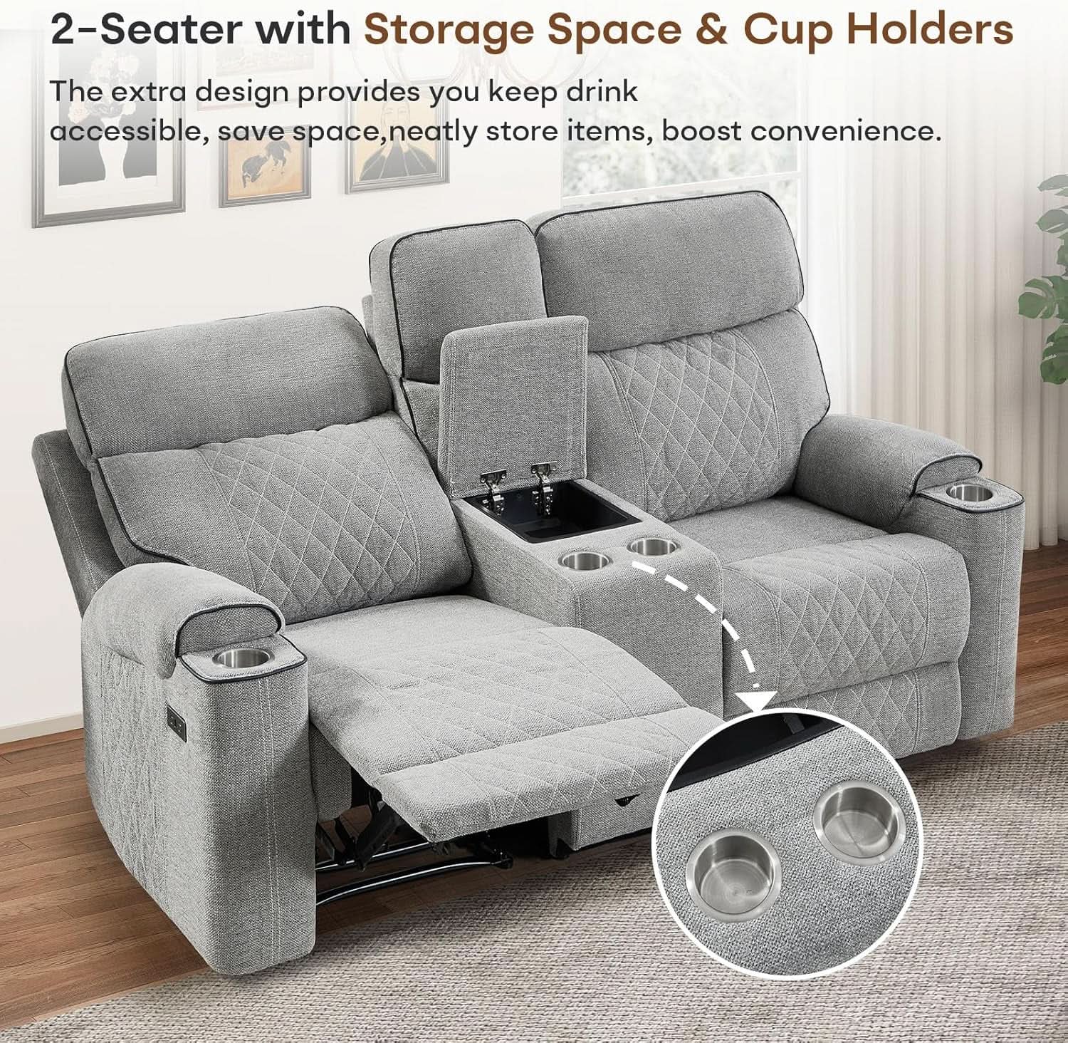 Electric Recliner Sofa USB Type C Ports Light Grey