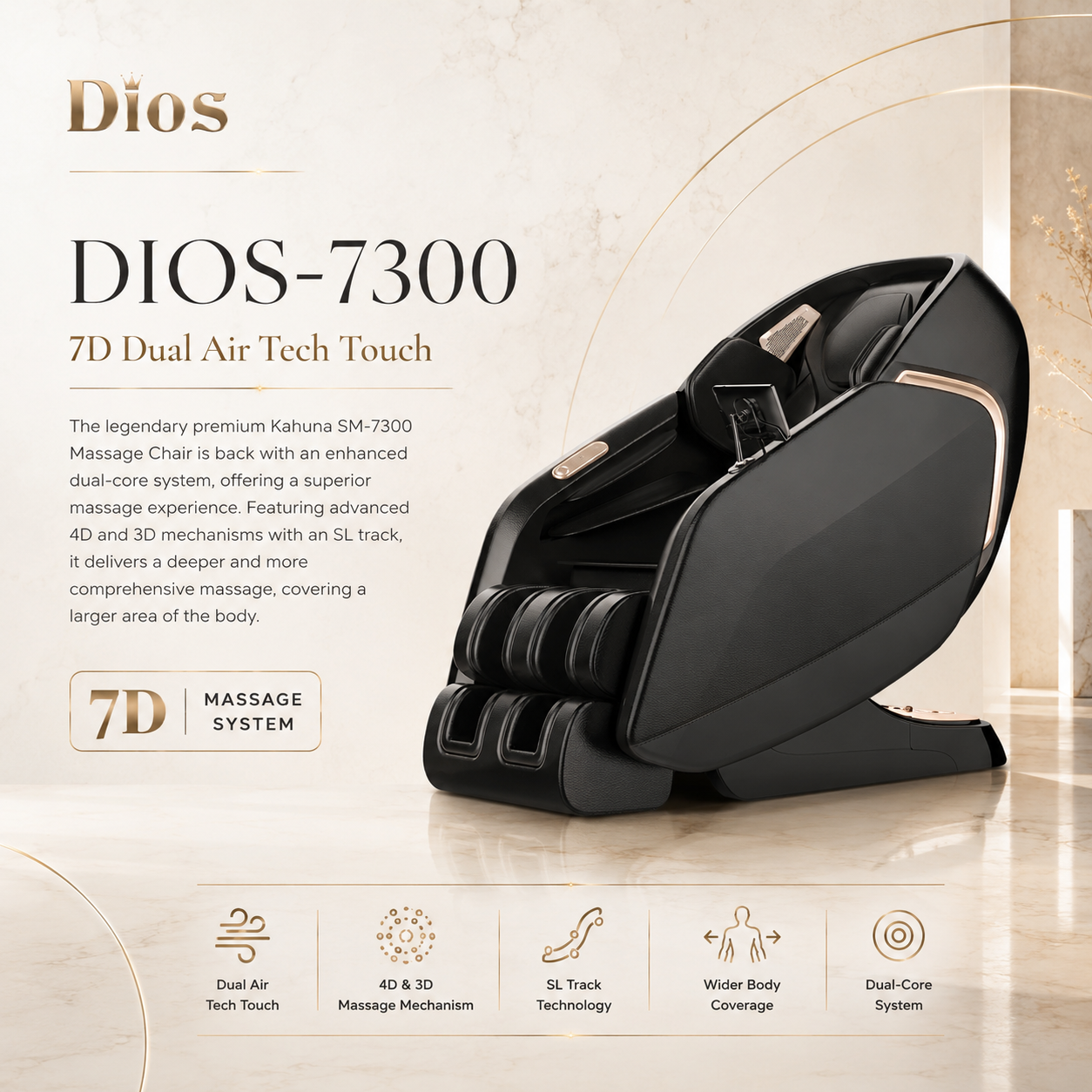 Kahuna DIOS 7300 – 7D AI Dual Core (4D+3D) Massage Chair with Air Float System & 3D Calf Kneading