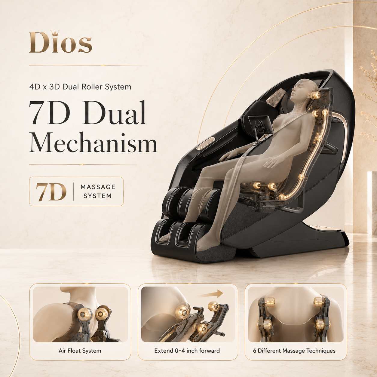 Kahuna DIOS 7300 – 7D AI Dual Core (4D+3D) Massage Chair with Air Float System & 3D Calf Kneading