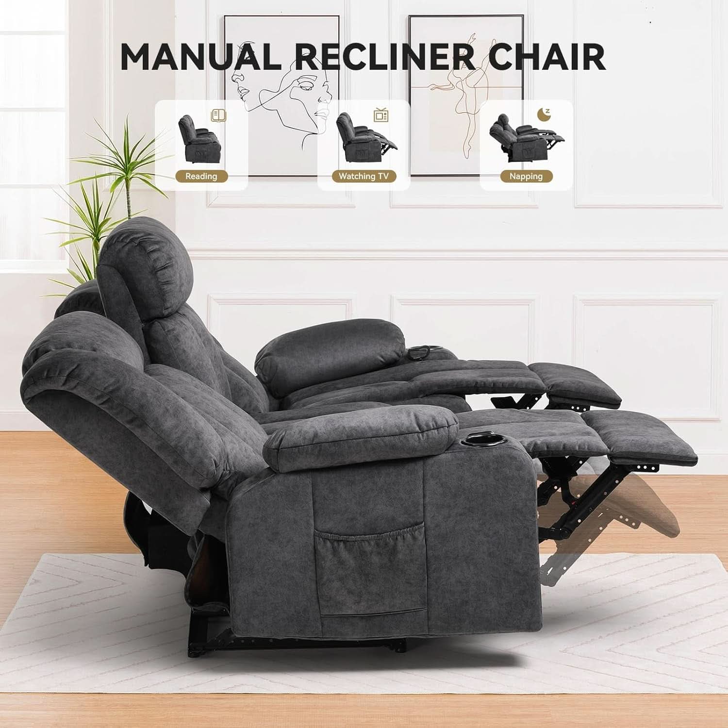 Premium Fabric Loveseat Manual Recliner With Bluetooth