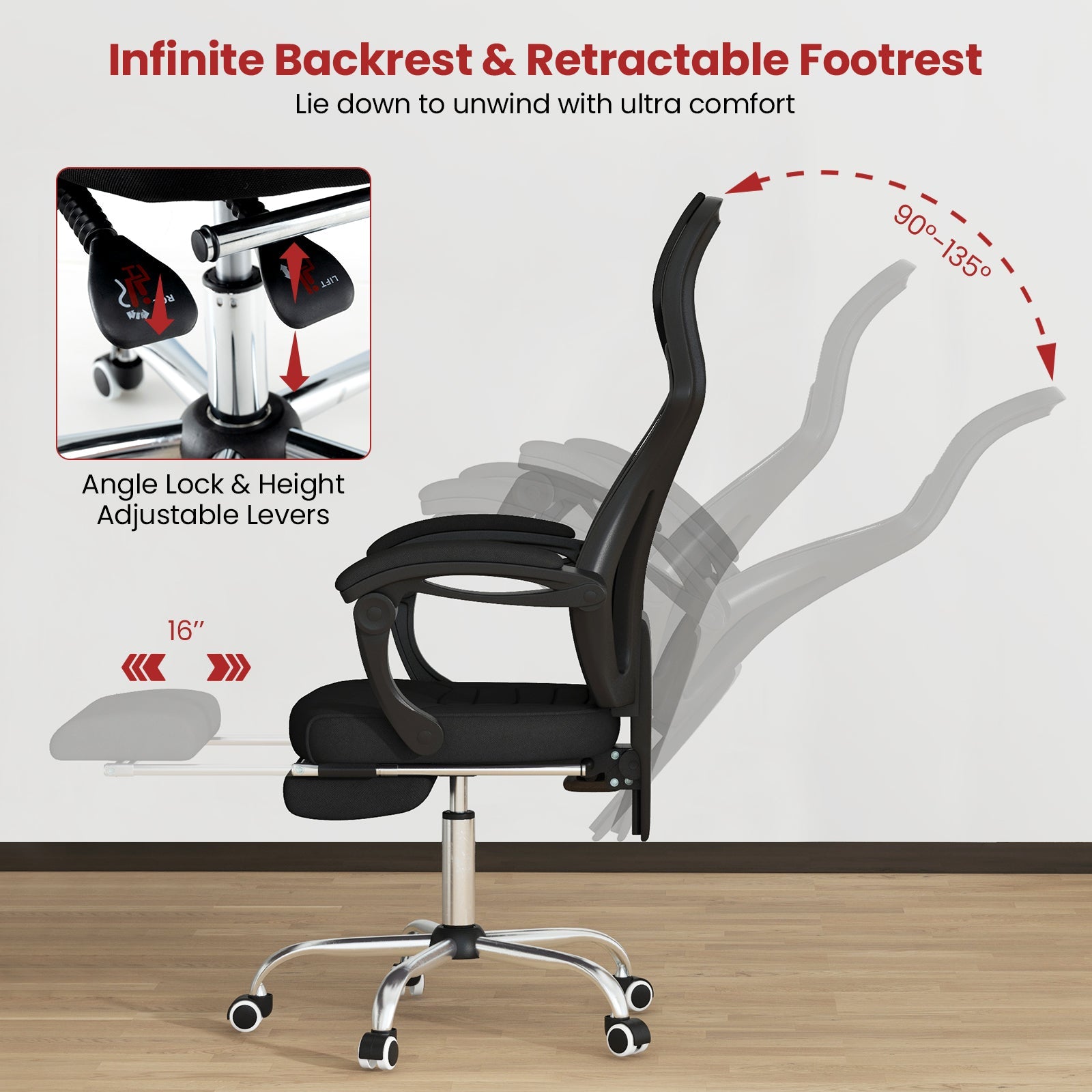 Ergonomic Mesh Office Chair with Footrest - Black – view 7