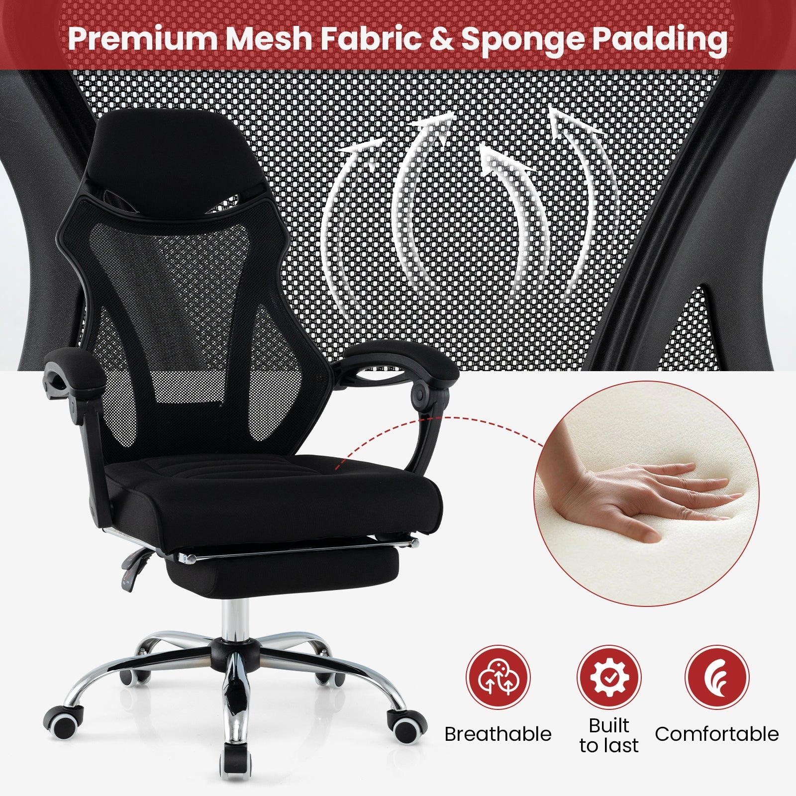 Ergonomic Mesh Office Chair with Footrest - Black – view 8