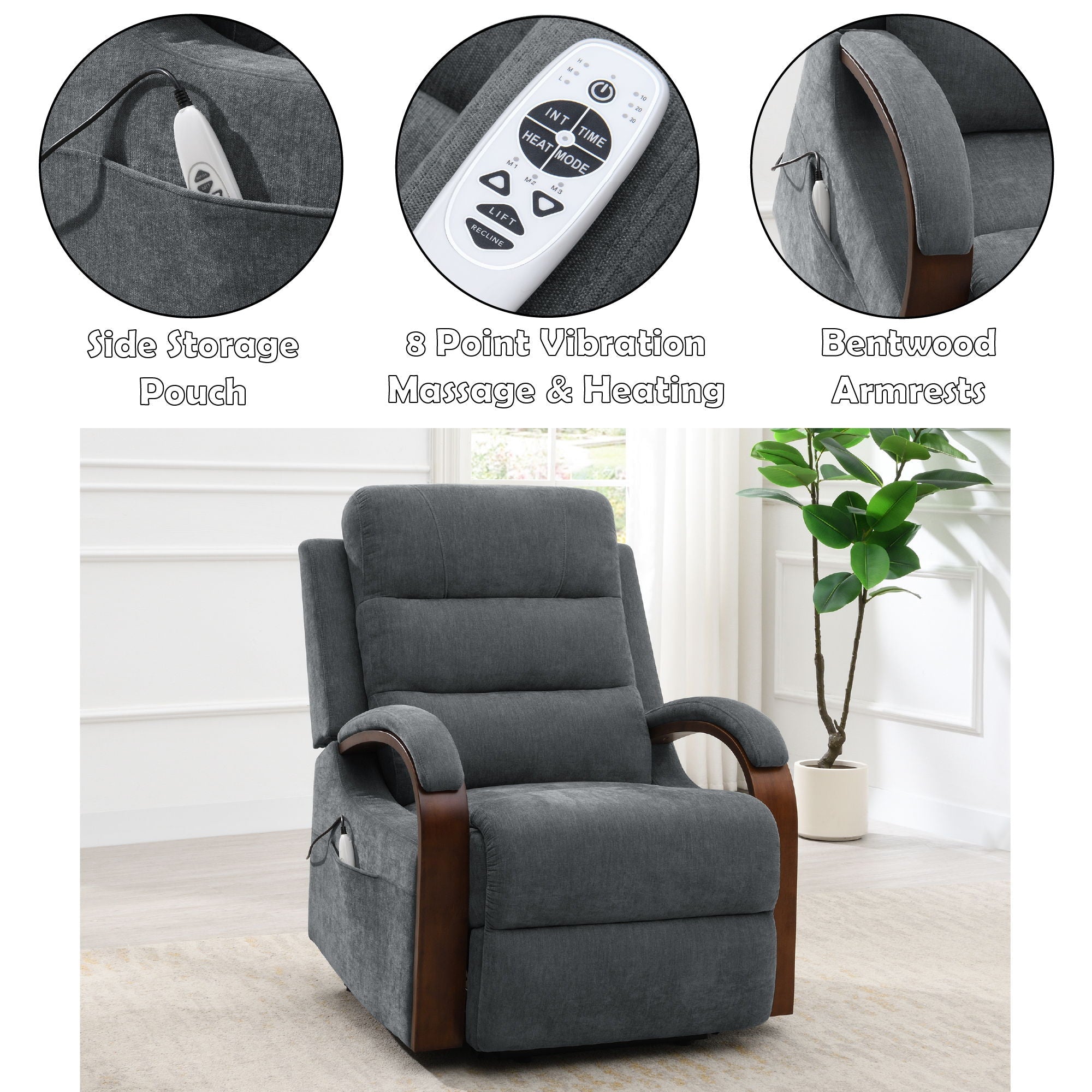 Kayla Power Lift Recliner with Heat and Massage - Gray – view 2