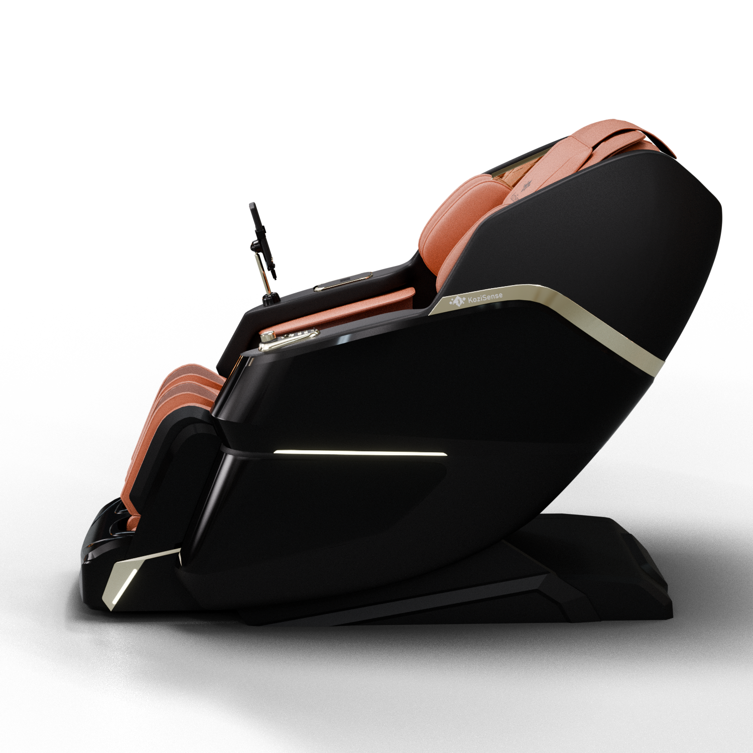 KoziSense KZ-605 massage chair in black and orange, angled view
