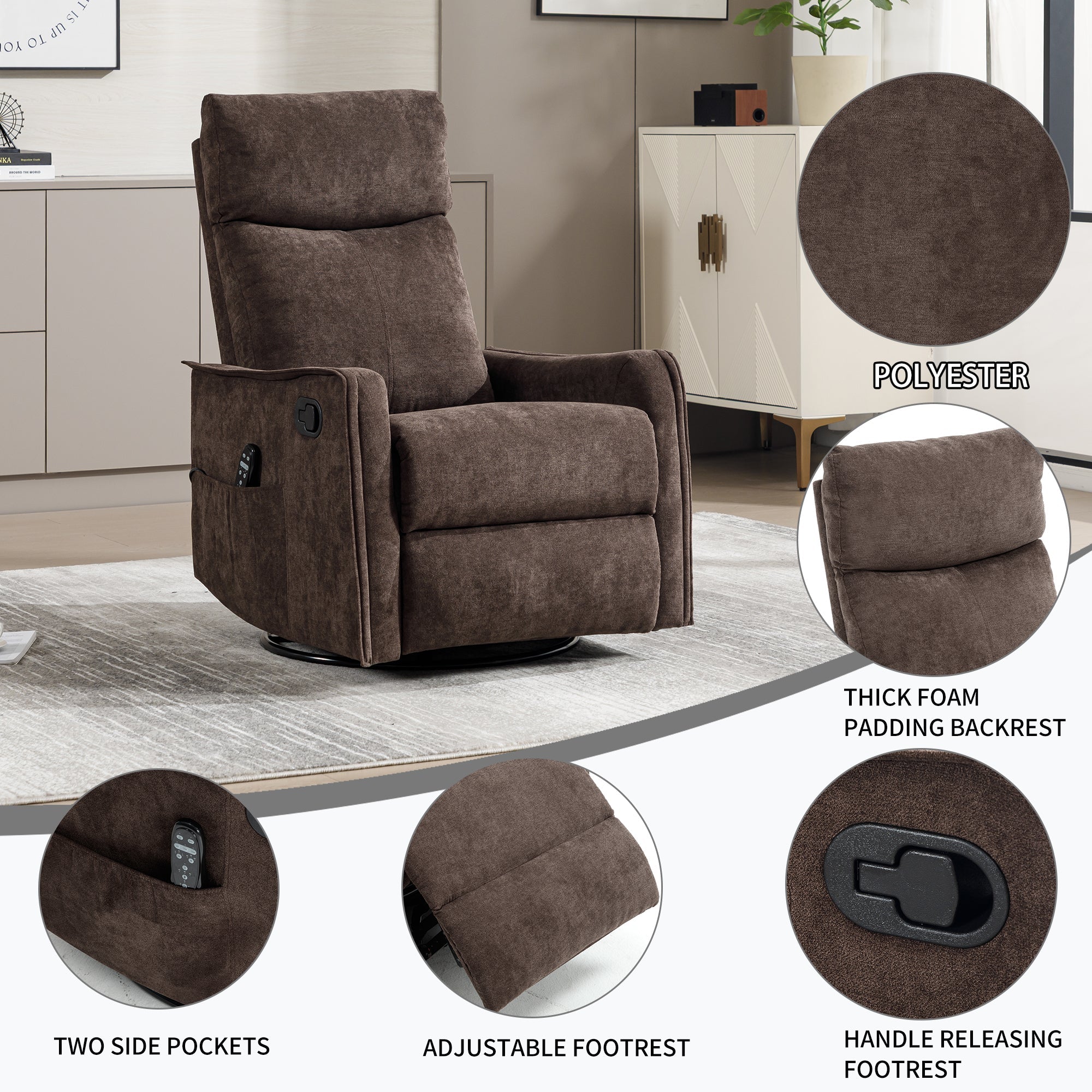 Swivel Rocker Recliner with Heat & Massage – Brown – view 11