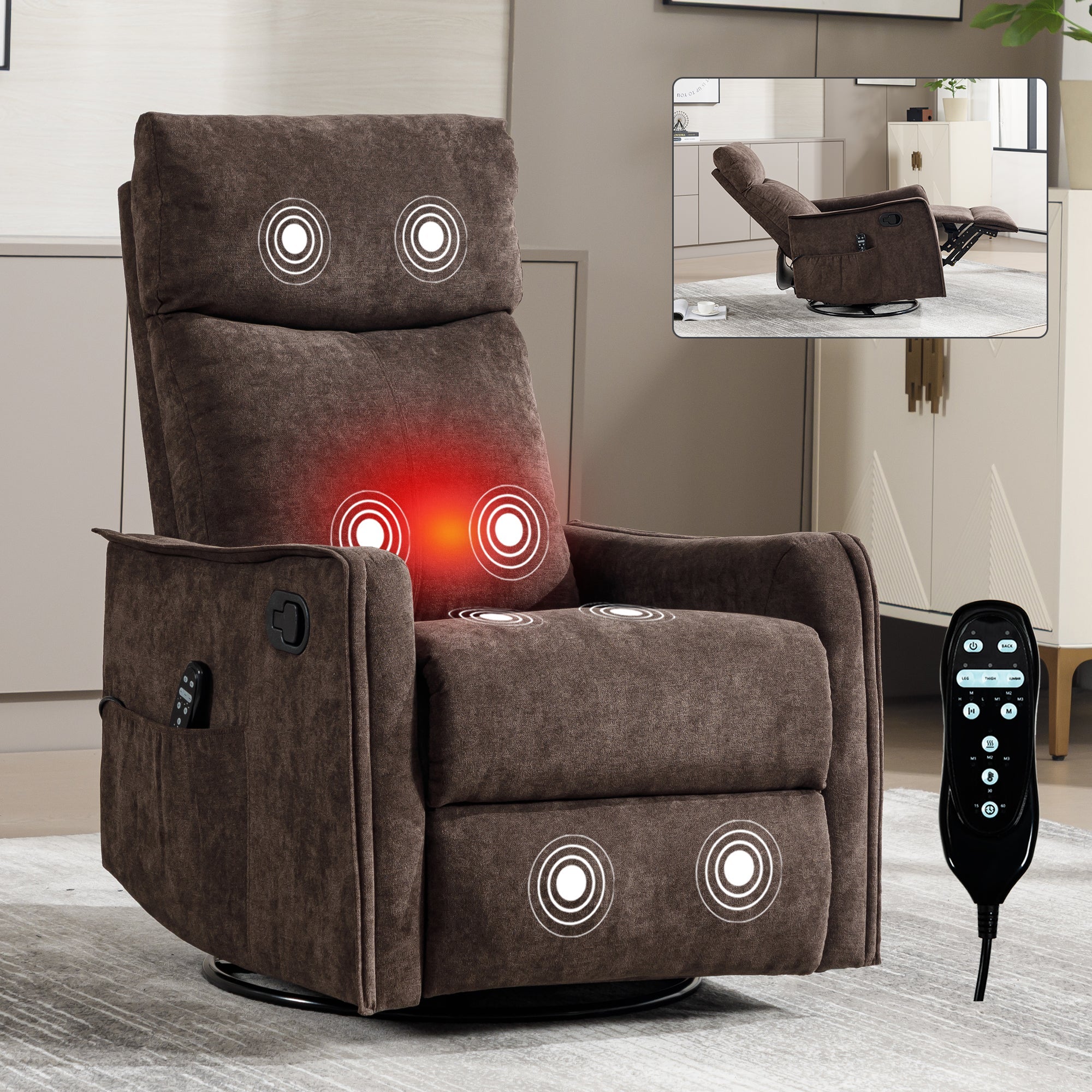Swivel Rocker Recliner with Heat & Massage – Brown – view 13