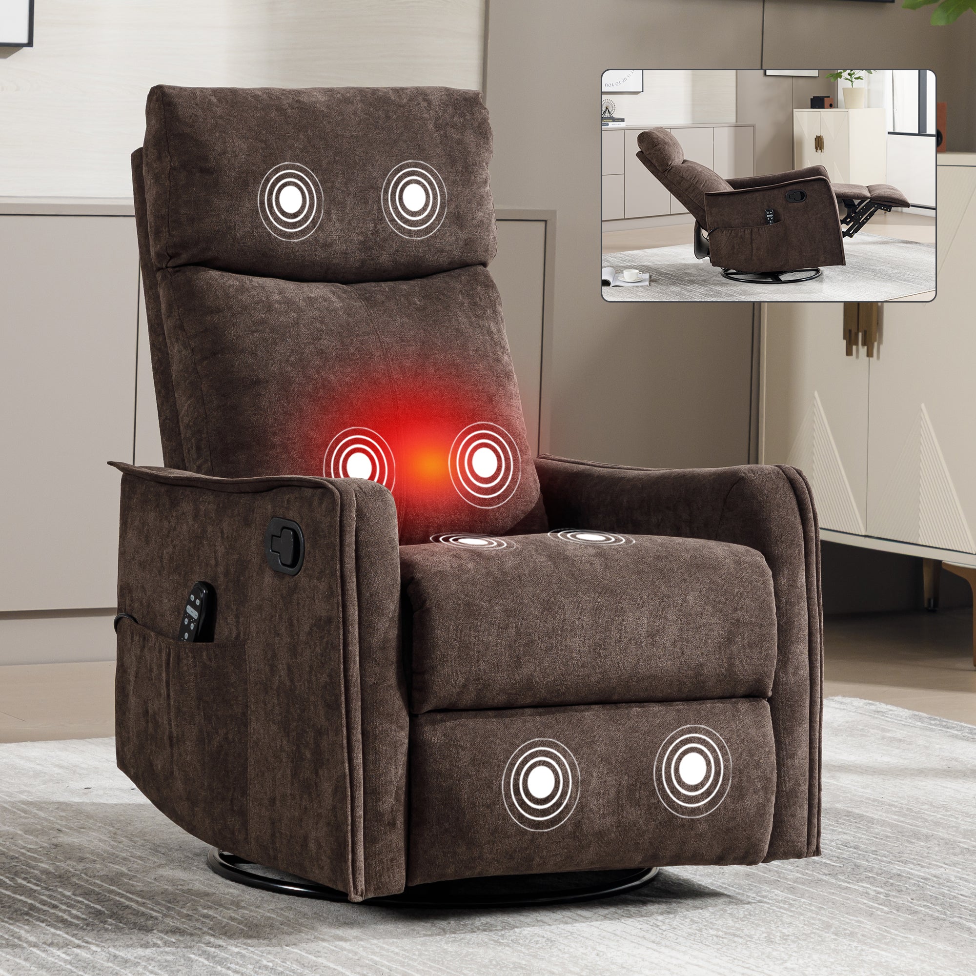 Swivel Rocker Recliner with Heat & Massage – Brown – view 14