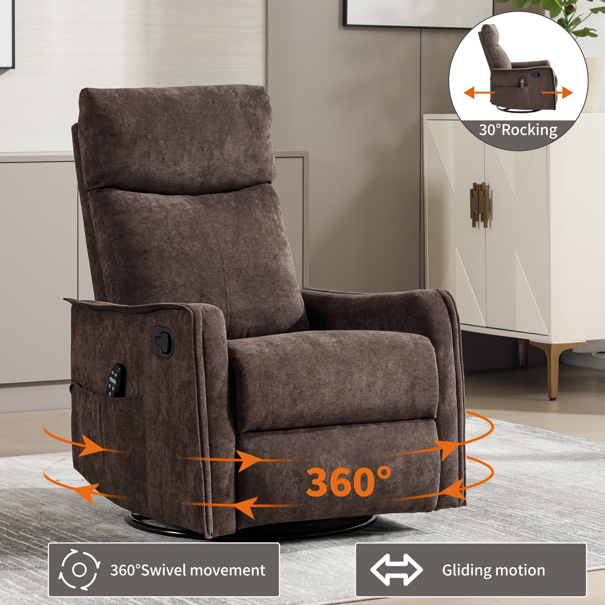 Swivel Rocker Recliner with Heat & Massage – Brown – view 2
