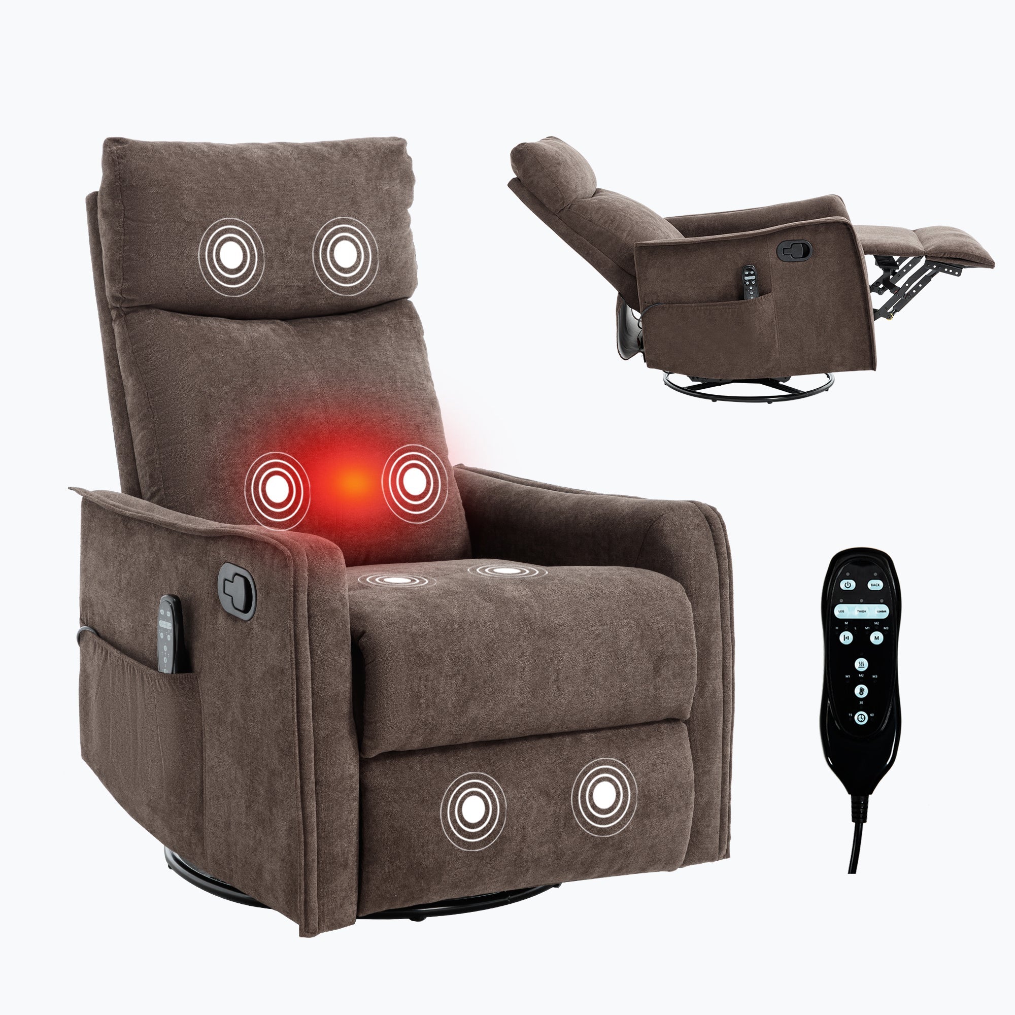 Swivel Rocker Recliner with Heat & Massage – Brown – view 3