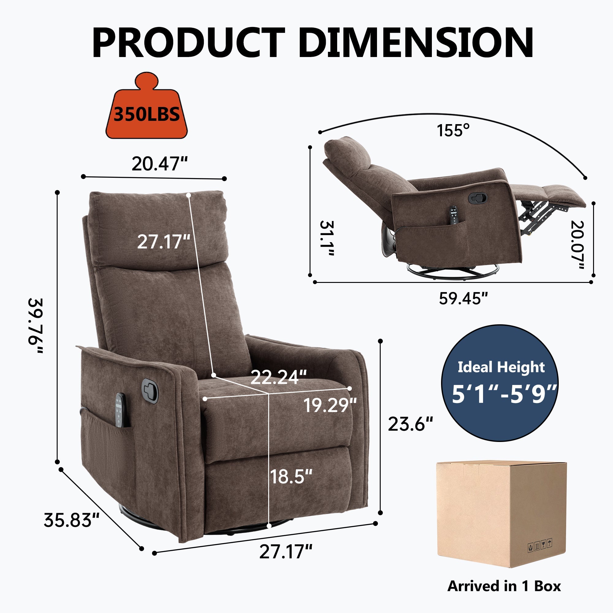 Swivel Rocker Recliner with Heat & Massage – Brown – view 4