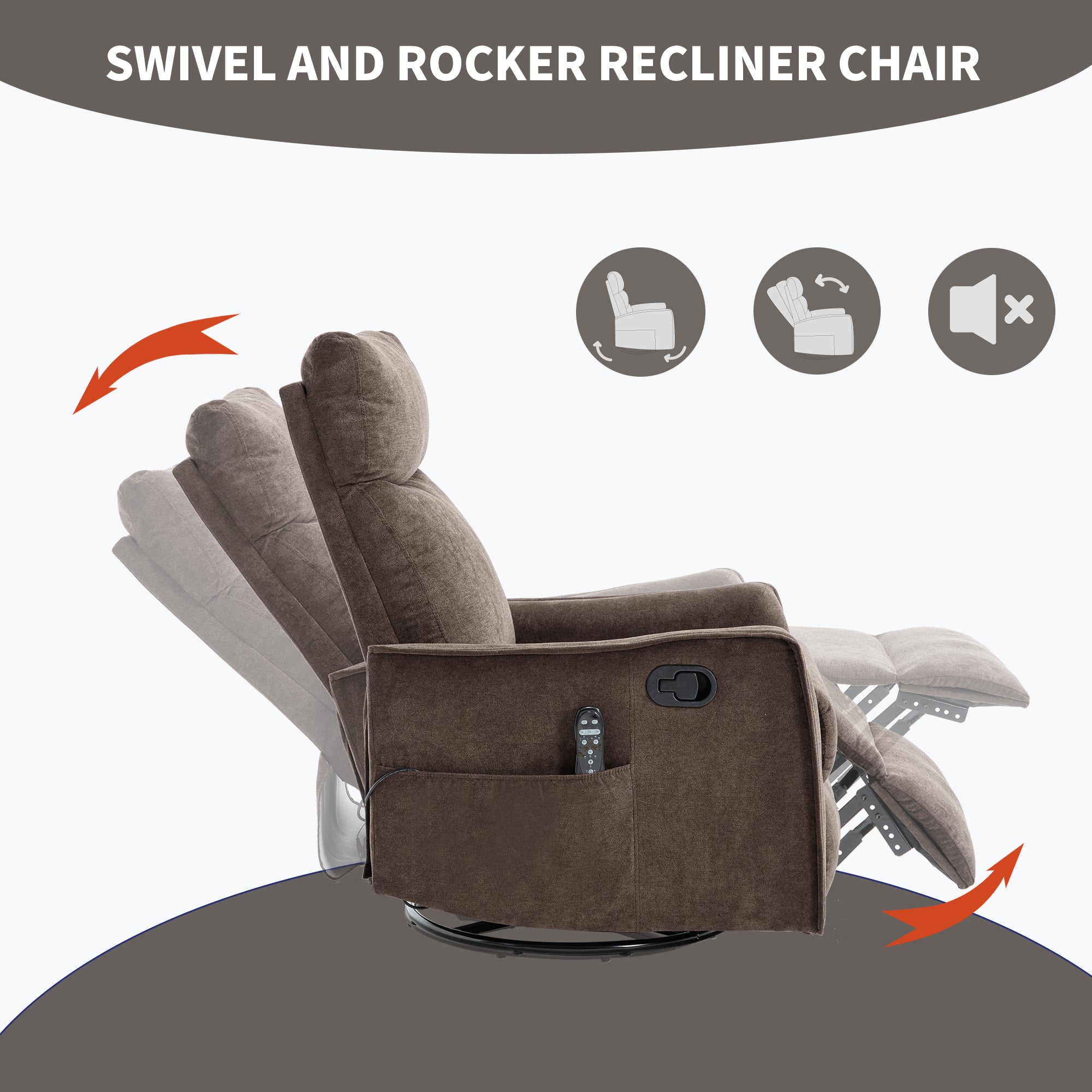 Swivel Rocker Recliner with Heat & Massage – Brown – view 6