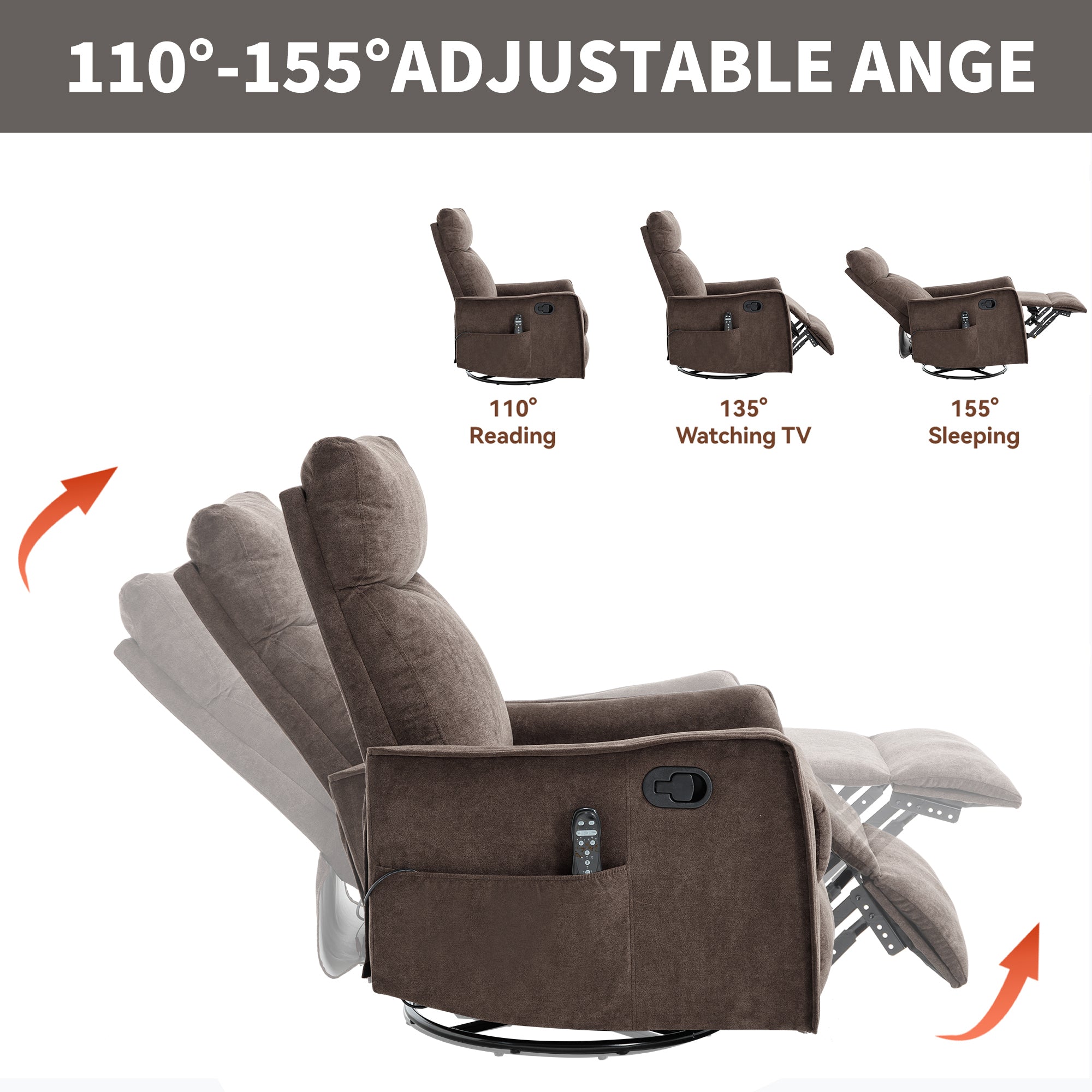 Swivel Rocker Recliner with Heat & Massage – Brown – view 7