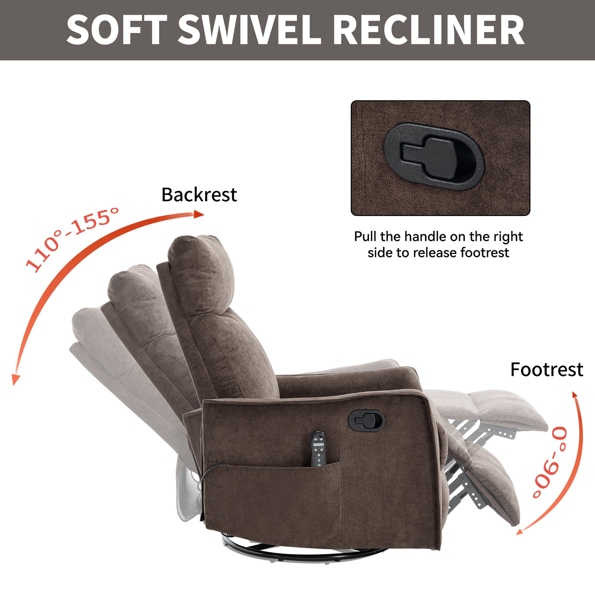 Swivel Rocker Recliner with Heat & Massage – Brown – view 8