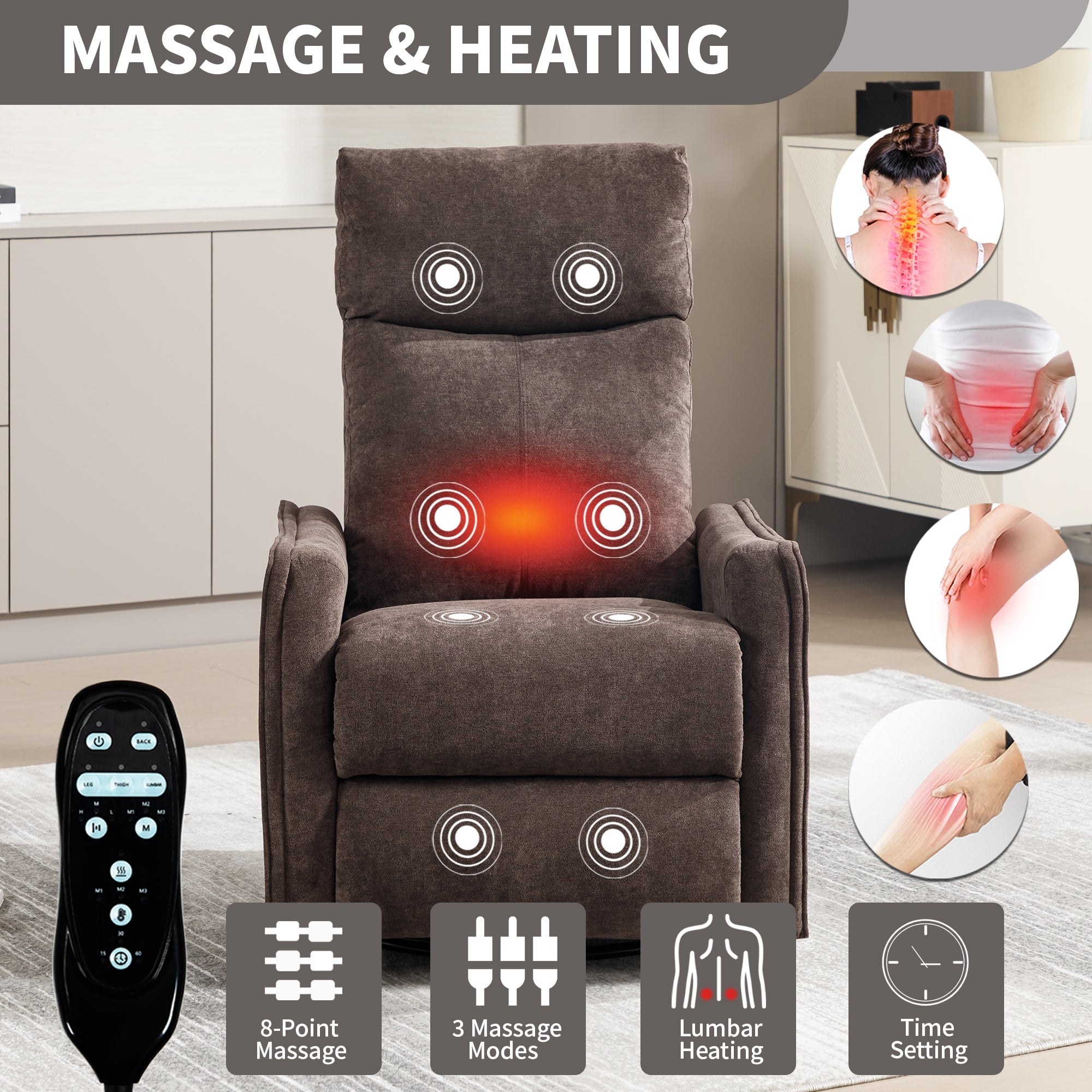 Swivel Rocker Recliner with Heat & Massage – Brown – view 9