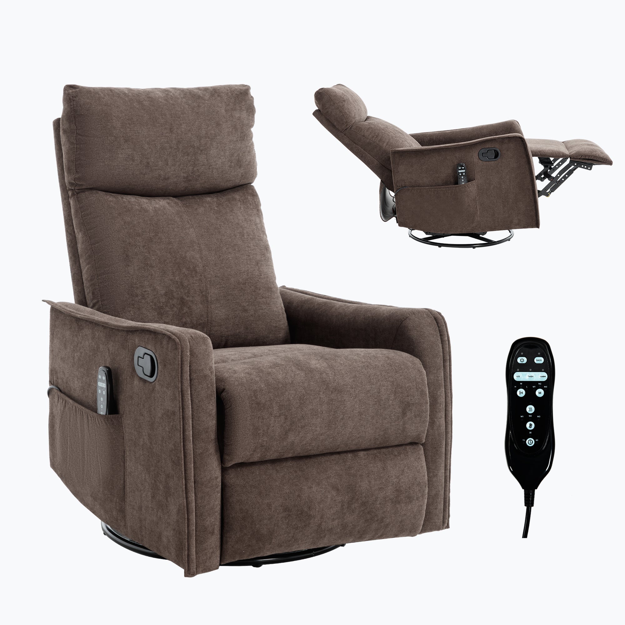 Swivel Rocker Recliner with Heat & Massage – Brown